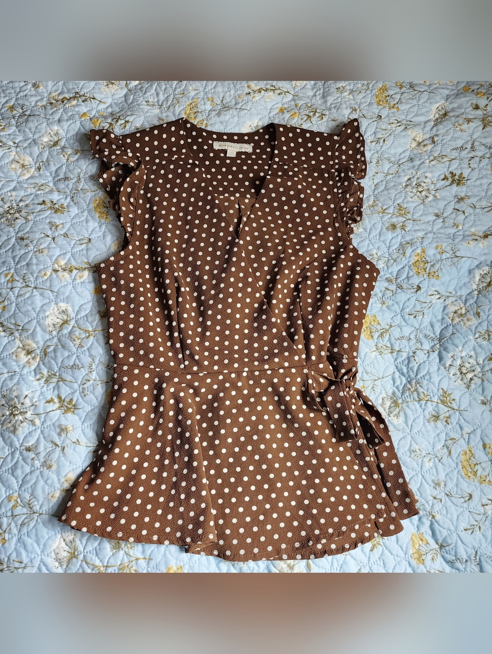 Monteau Brown Polka Dot Ruffle Sleeve Wrap Top Fashion Espresso Large